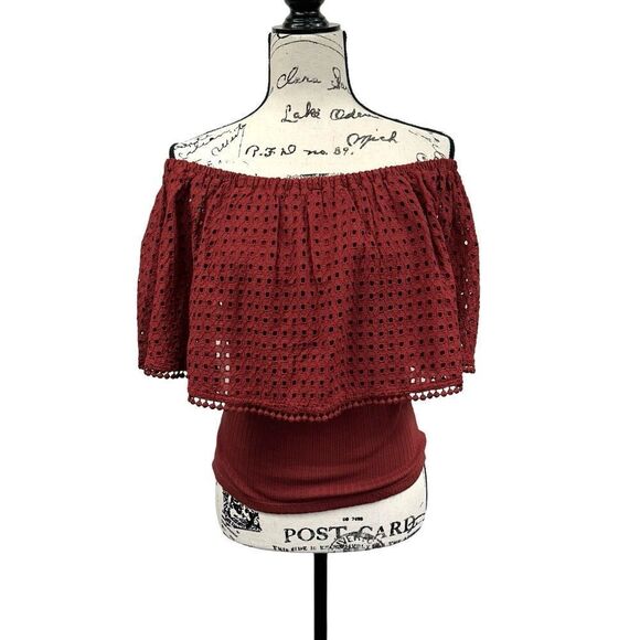 Anthropologie The Odells Off the Shoulder Eyelet Brick Color Blouse, Small - Picture 1 of 12